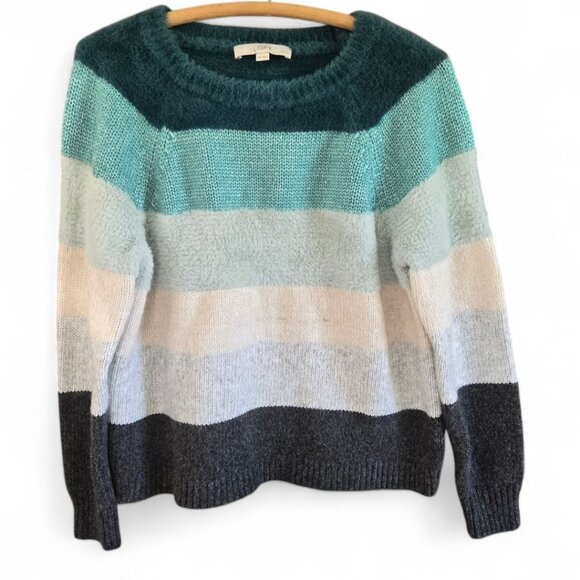 LOFT Sweaters - Loft Petite Medium Striped Sweater Crew Neck Soft Knit Teal Gray White Cozy Warm